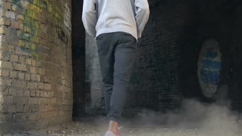 Unhappy High School Student Walking Abandoned City Building Alone, Puberty Age