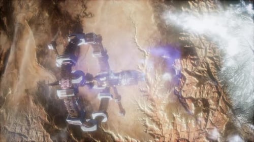 Futuristic Space Station Orbiting Arid Exoplanet Landscape