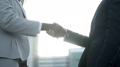 Business Handshake on Street Against Sunset