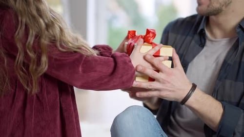 Loving Child Giving Birthday Gift to Man Indoors