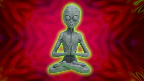 Meditating Alien with Glowing Aura on Psychedelic Abstract Background Loop