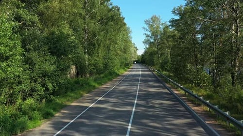 Asphalt Road with Driving Cars Through Green Summer Forest Near Lake. Aerial Shot From Drone