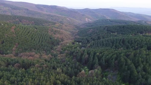 Ein Blick von einer Höhe auf die Wiesen und Hänge des Balkangebirges bei Tageslicht in Bulgarien