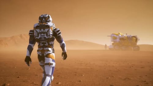 Astronaut Walking on Mars Towards Space Rover