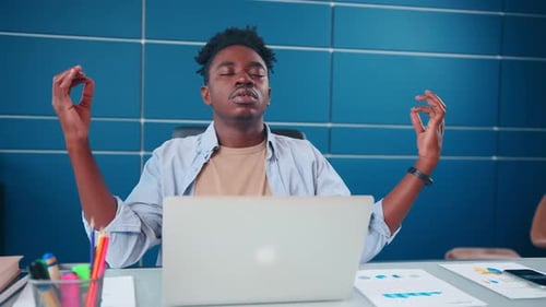 Calm Office Worker Relieves Tension and Stress Breathing Practices Lifestyle