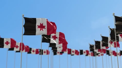 Waving Corporate Flags Array Against Blue Sky