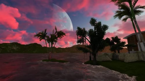 Panorama of full moon and red clouds at night