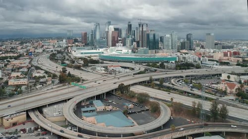 Aerial of Downtown Los Angeles on a Cloudy Summer Day, Drone Flight Video