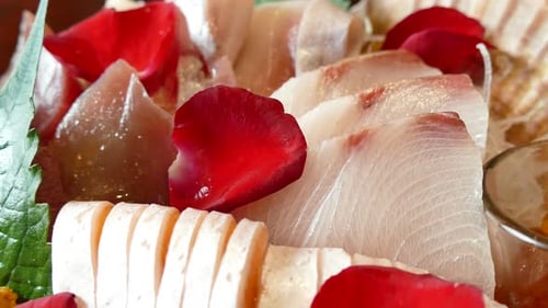 Exquisite Sashimi Platter with Rose Petal Garnishes