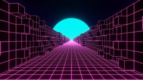 Abstract Retro Purple Neon Road with Wall of Cubes and Blue Moon