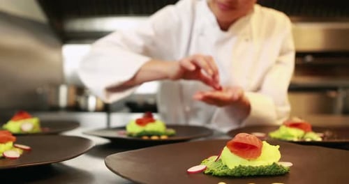 Chef Garnishing Food in Commercial Kitchen