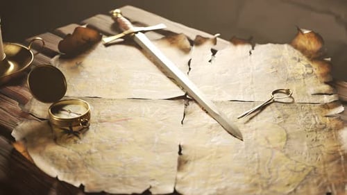 Animated Ancient Treasure Map with Compass and Sword