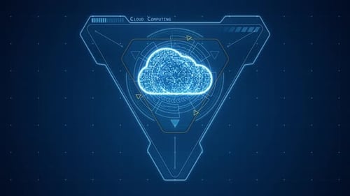 Computación en la nube azul y forma triangular con interfaz de tecnología de rotación circular HUD