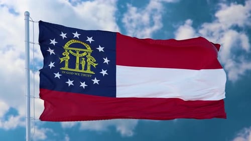 Realistic Georgia State Flag Waving Against Cloudy Blue Sky