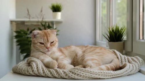 Resting Tabby Cat Lying on Blanket Indoors