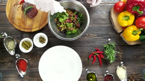 Salad Preparation with Fresh Ingredients, Overhead View