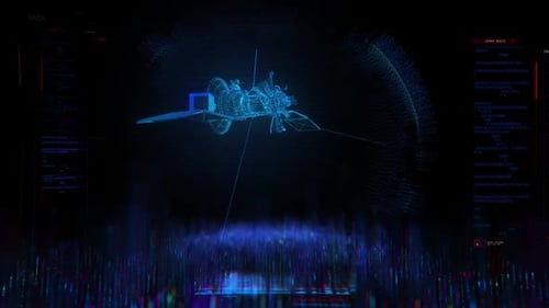 Futuristic Wireframe Satellite Hologram with Digital HUD Interface