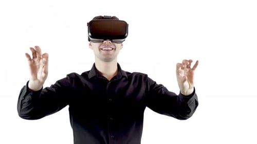 Man Uses Virtual Reality Headset, Isolated White Background