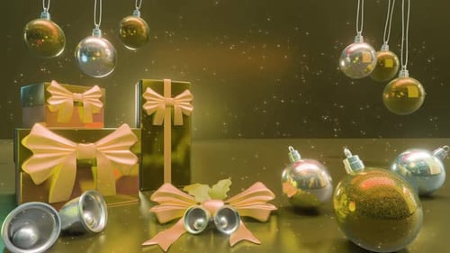 Decoraciones navideñas doradas con purpurina, fondo 3D