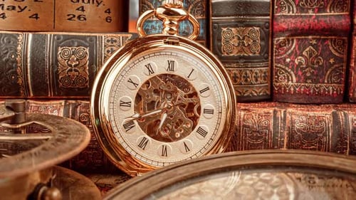 Antique Golden Pocket Watch on Stack of Old Books