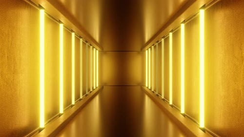 Wunderschöne goldene Tunnelhalle mit Neonlichtern, glänzenden Reflexionen, leuchtend - 4K