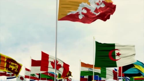 Bhutan Flag With World Globe Flags Morning Shot