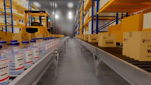 Rendu 3D. Entrepôt avec des boîtes en carton à l'intérieur sur des rayonnages à palettes.