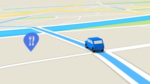 Animation of GPS navigation map. The car following a route along the city street
