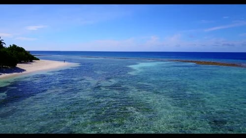 Aerial flying over abstract of marine tourist beach adventure by aqua blue sea and white sandy backg