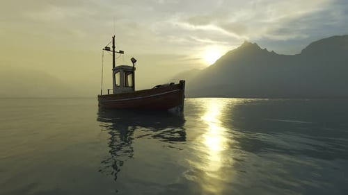 An old fishing boat drifting slowly on the foggy sea during beautiful sunset. 4K