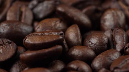 close up of roasted coffee beans rotating, seeds of coffee