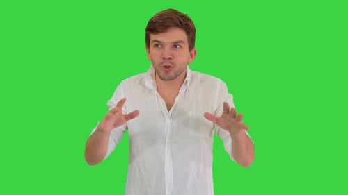 Excited Young Man in Casual Clothes Looking Into Camera Telling a Story and Gesturing on a Green