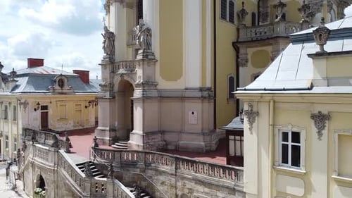 Aerial drone view of a flying over the Catholic Cathedral.