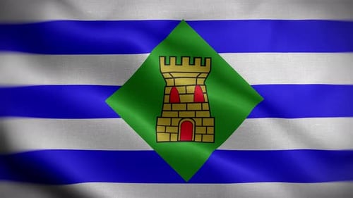 Waving Flag with Blue Stripes and Golden Castle Emblem