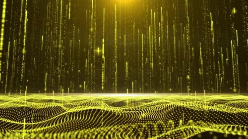 Futuristic Golden Particle Rain and Wavy Grid Background