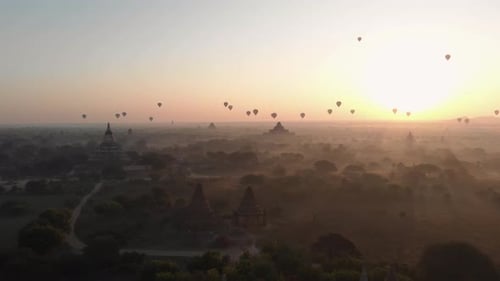Aerial view of hot balloons in the Old Bagan temple site.