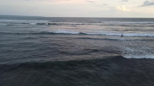 Aerial view of people surfing on waves during sunset when vacation in Bali, Indonesia.