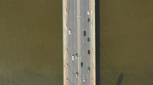 Aerial bridge landscape. Aerial road bridge. Highway road above river