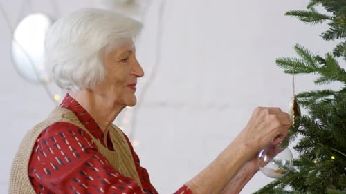 Senior Woman Decorating a Christmas Tree