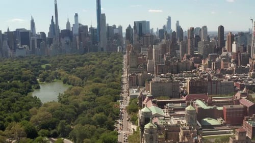 Flight Over Beautiful New York City Street at Central Park on Sunny Summer Day