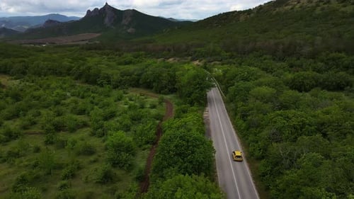 A Car Drives Down a Paved Road in a Mountainous Area That Cuts Through a Forest