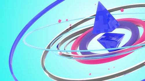 Vibrant Abstract Geometric 3D Animation with Orbiting Rings and Pyramids