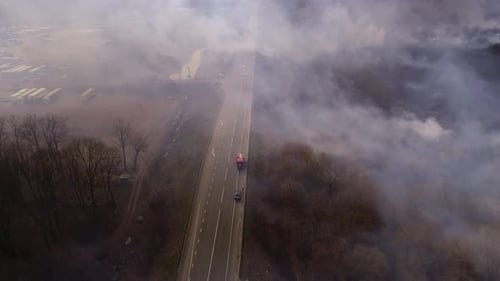 Aerial View of Brush Fire Near Road