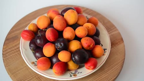 Assorted Plums and Apricots on Decorative Plate