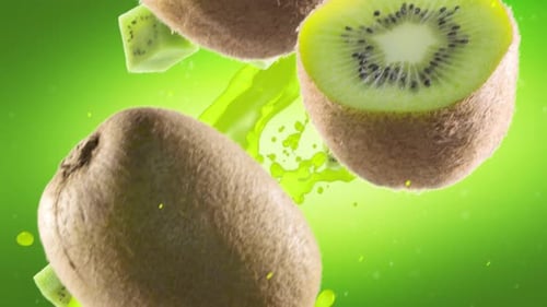 Kiwi with Slices Falling on Green Background