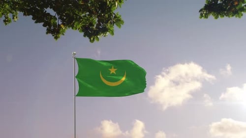 Realistic Mauritania National Flag Waving Over Modern City Skyline