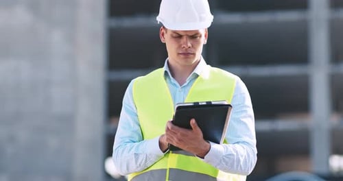 Inspetor de arquitetura profissional trabalhando com tablet digital no canteiro de obras, captura de imagens