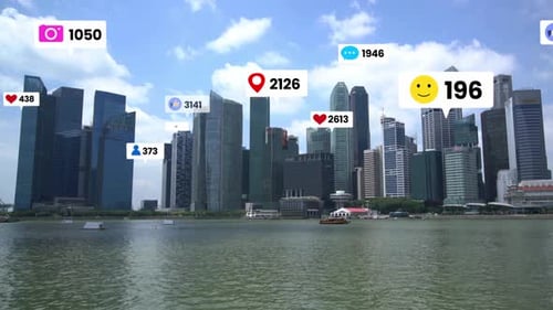 Social Media Icons Fly Over City Downtown Showing People Engagement Connection