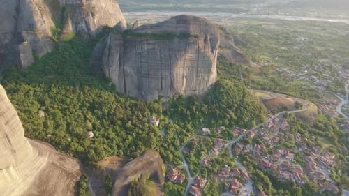 Flying over Meteora rock formations and monasteries in Greece