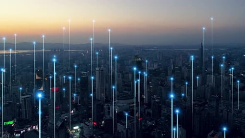 smart Connected city skyline. Futuristic network concept, city Technology.